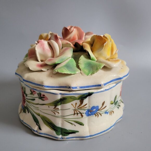 Handpainted Ceramic Capodiamante Floral Trinket Box With Raised Rose Design Made - Picture 2 of 9